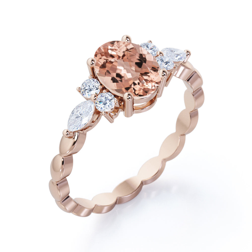 Twisted Bands 1.15 carat Oval shaped Peach Morganite and diamond flower style engagement ring in White gold