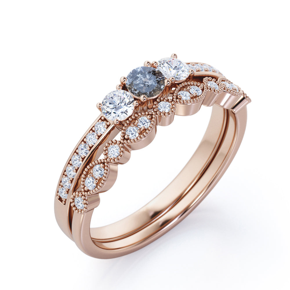 Channel trinity 0.8 carat Round cut Salt and pepper diamond and white diamond bridal wedding ring set in Yellow gold
