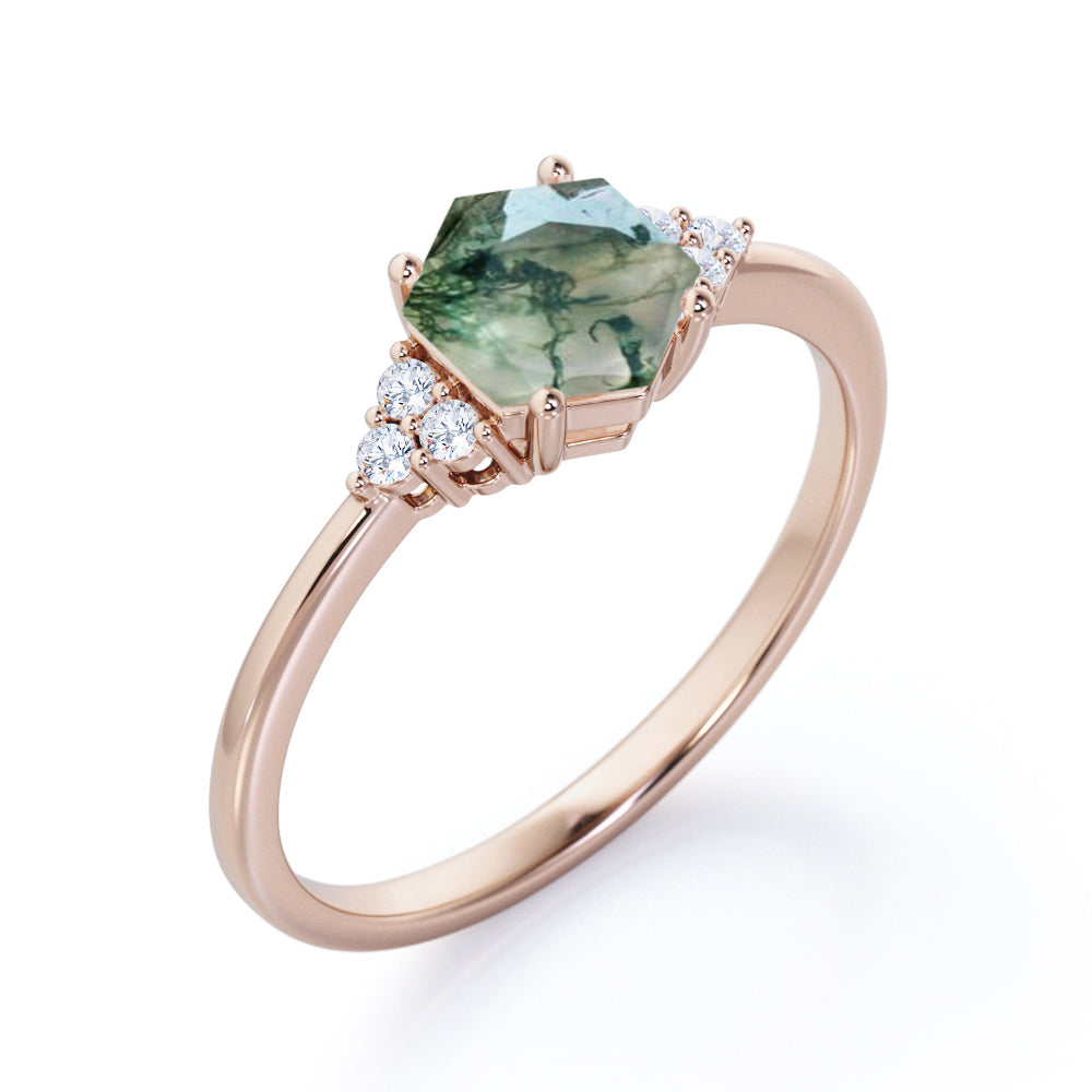 Seven lucky stones 1 carat Hexagon shaped Moss Green Agate and diamond pinched shank engagement ring in White gold