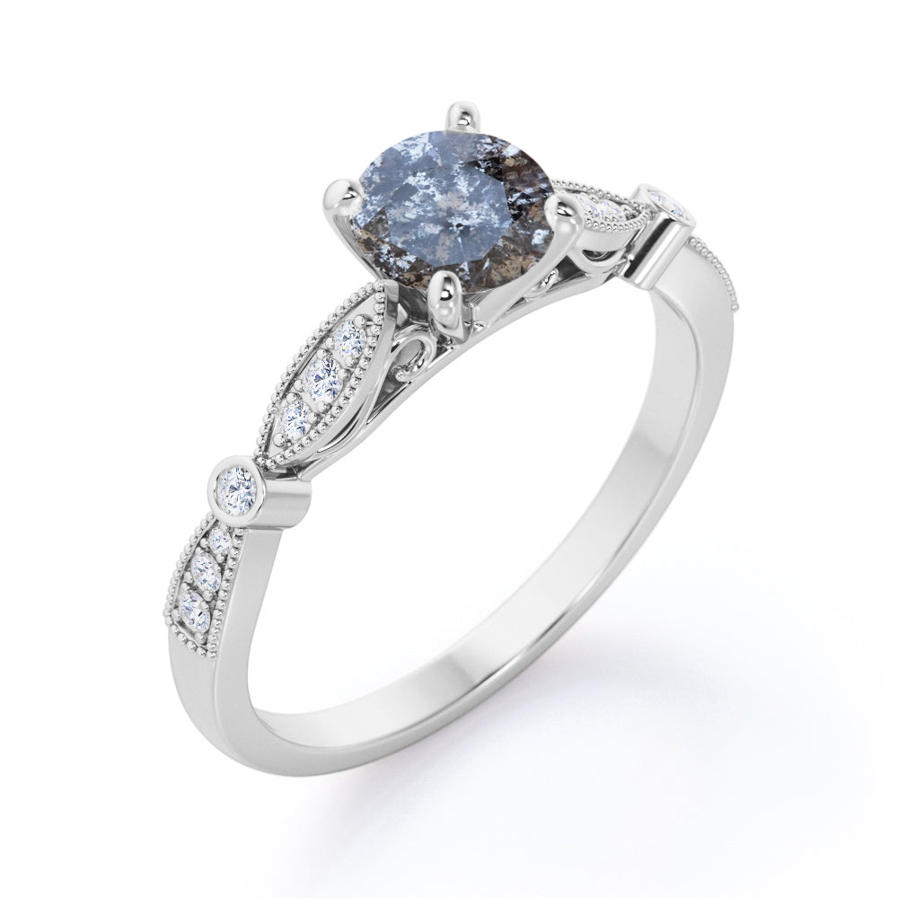 Royal Cathedral setting 0.75 carat Round cut Salt and pepper diamond and White diamond vintage engagement ring in Black gold