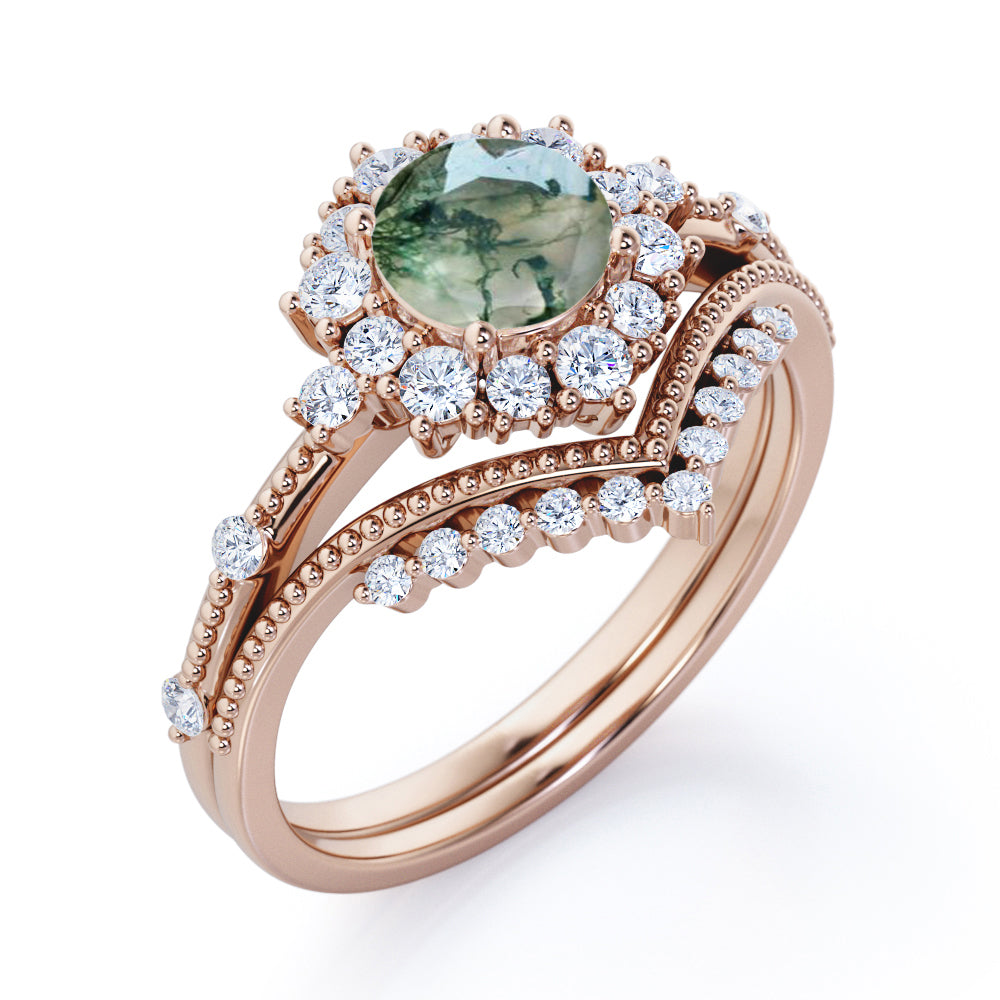 Contoured Cluster 1.45 carat Round cut Moss Green Agate and diamond milgrain art deco wedding ring set in White gold