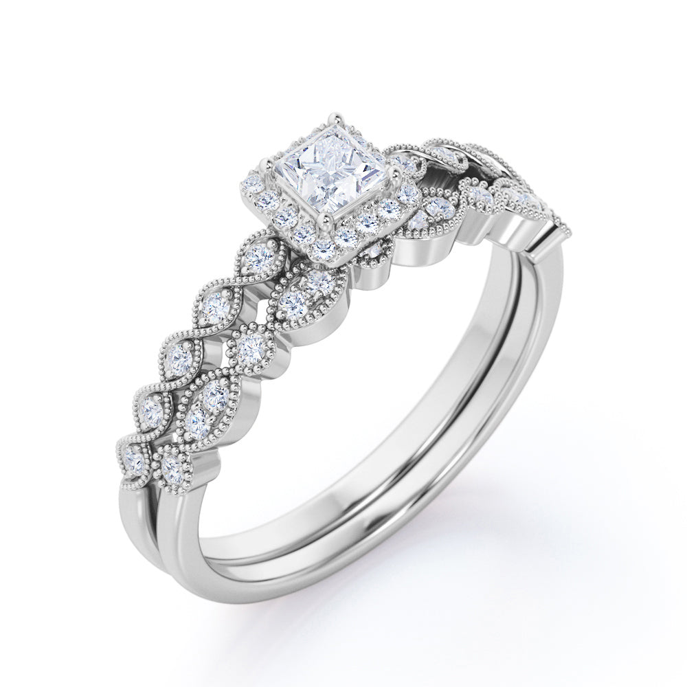 Antique twisted style 1 carat Princess cut Moissanite and diamond art deco halo wedding ring set in Rose gold