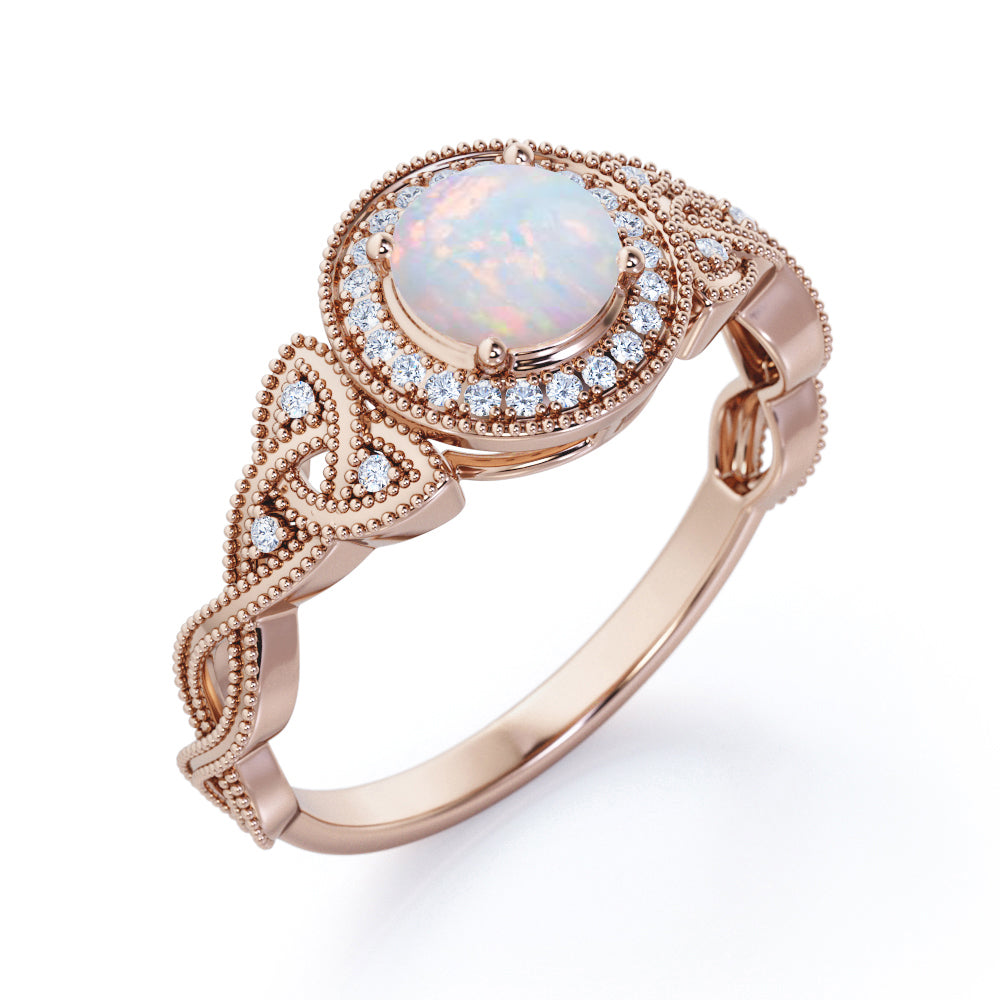 Grandiose 1.30 carat Round cut Ethiopian Opal and diamond twisted infinity halo engagement ring in White gold