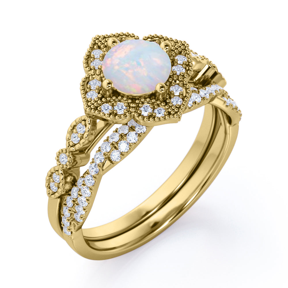 Flower Cluster 1.8 carat Round Shaped Ethiopian Opal with Infinity diamond Wedding ring set in gold
