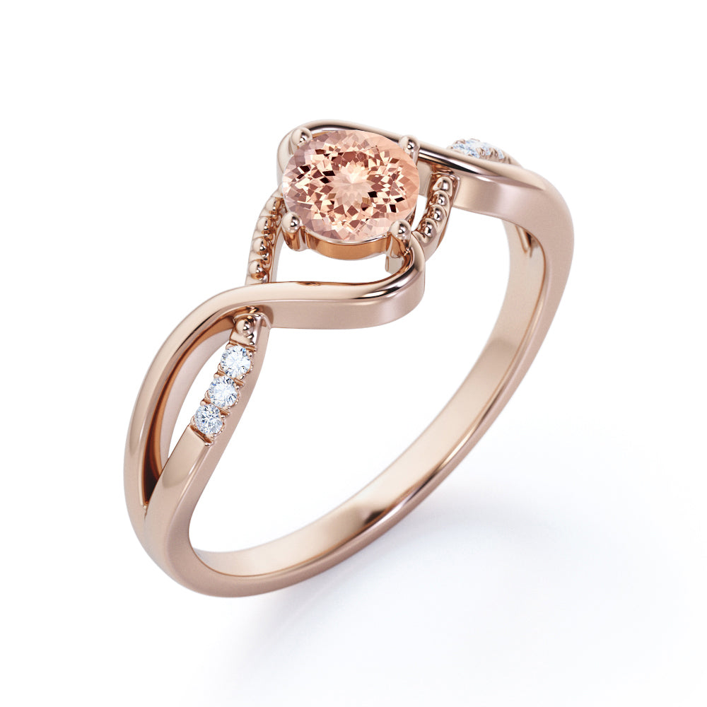 Infinity Twisted 1.15 carat Round cut Morganite and diamond Milgrain anniversary ring for women in Black gold