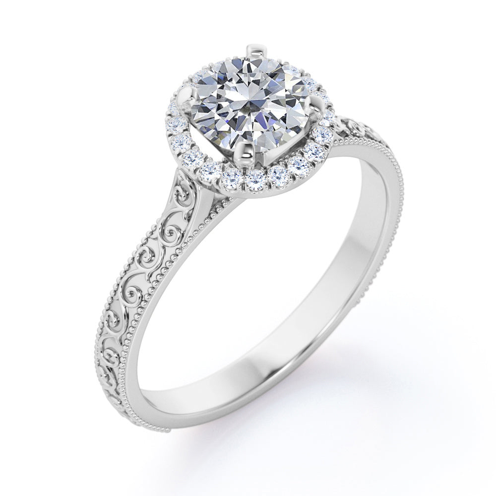 Filigree engraved 1.15 carat Round cut Moissanite and diamond Edwardian engagement ring in Rose gold