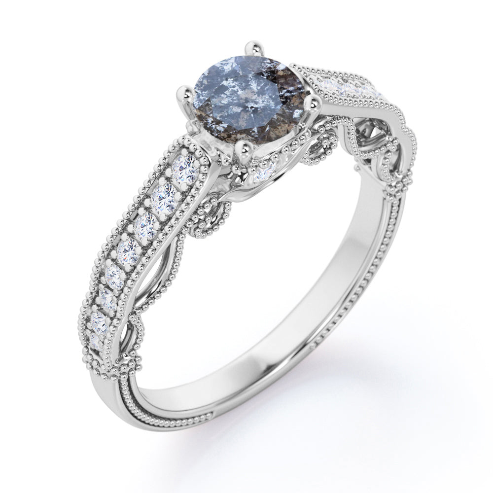 Eccentric filigree 0.75 carat Round cut Salt and pepper diamond and White diamond channel setting engagement ring for women in Rose gold
