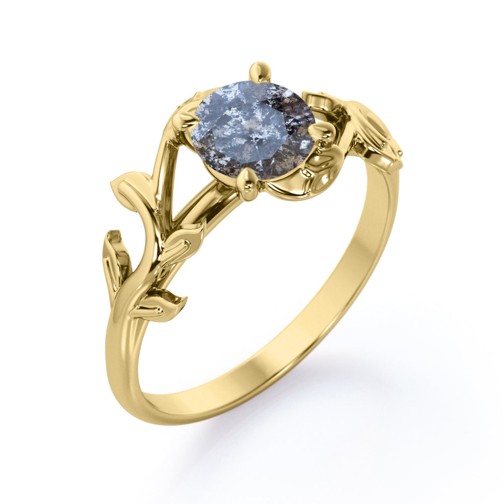 Floral Branchlet 0.5 carat Round cut Salt and pepper diamond nature inspired engagement ring in White gold