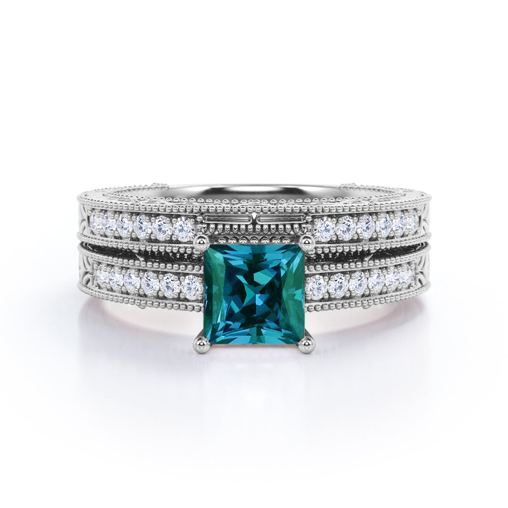 Petite Milgrain 1.25 carat Princess cut Synthetic Alexandrite and diamond filigree art wedding ring set for women in gold-Bridal set