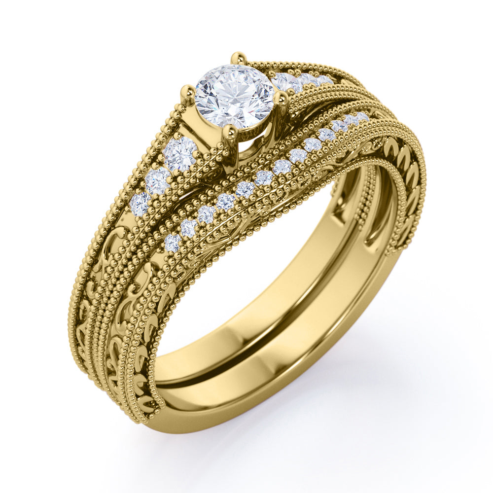 Contoured 0.8 carat Round cut Moissanite and diamond vintage filigree wedding ring set in rose gold