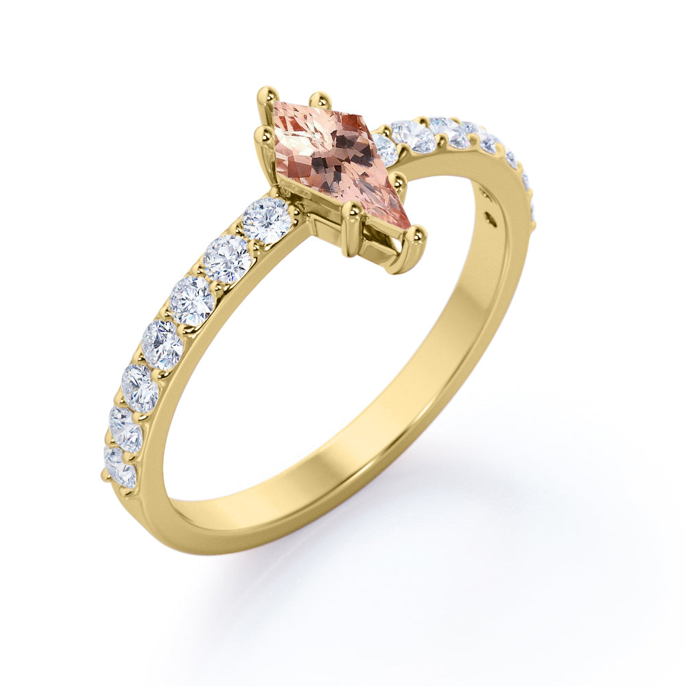 Modern Pave 1.25 carat Kite shaped Pink Morganite and diamond prong style promise ring in Rose gold