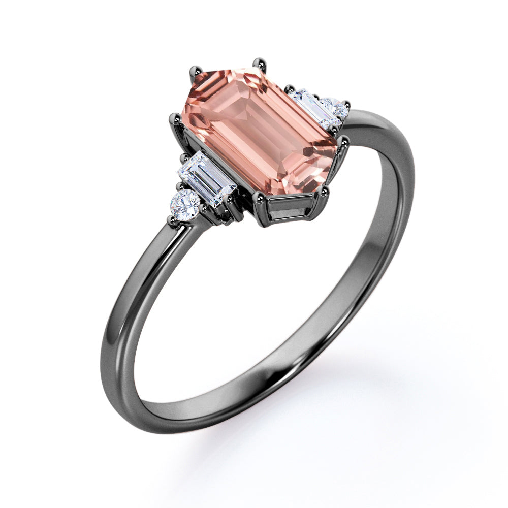 Lovely 5 stones 1.1 carat Hexagon Shaped Morganite and diamond tapered shank engagement ring in White gold