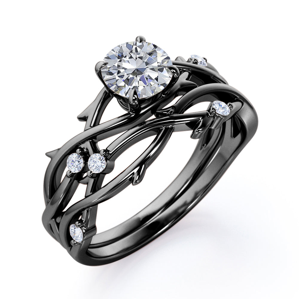 Earthy 1 carat Round cut Moissanite and diamond nature style wedding ring set in White gold