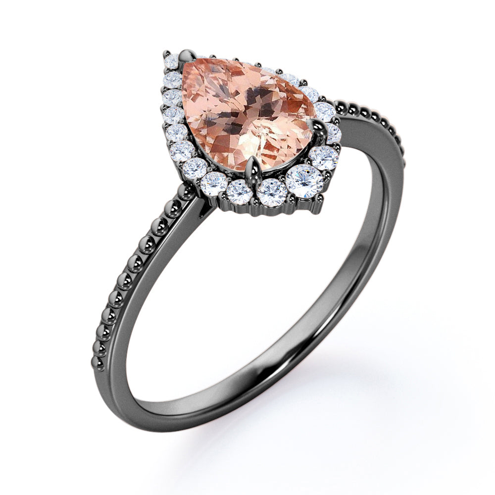 Eccentric Halo 1.25 carat Pear cut Morganite and diamond engraved vintage style engagement ring in Rose gold