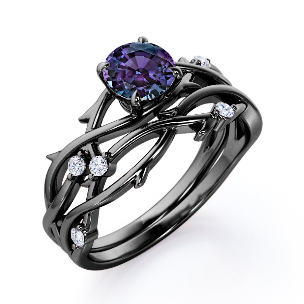 Twig Branch Bands 1.1 carat Round cut Synthetic Alexandrite and diamond art deco wedding ring set in Black gold