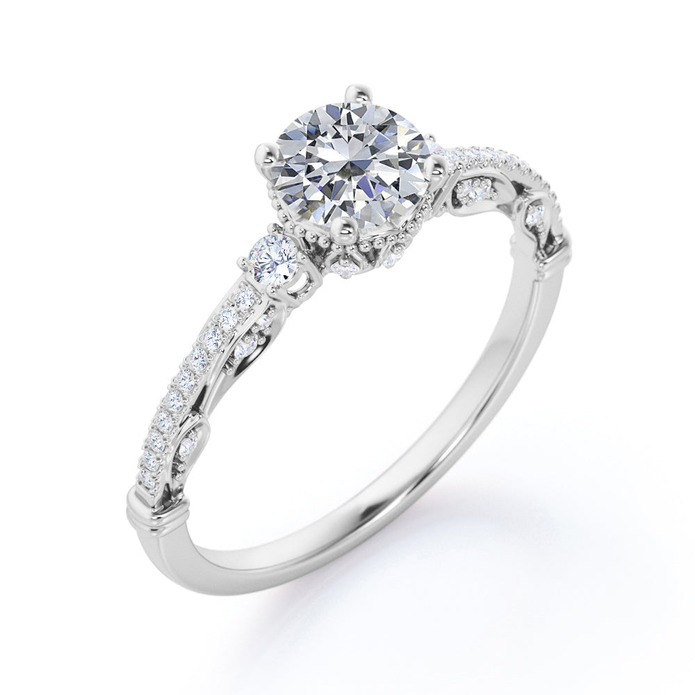 Triple stone 1.35 carat Round cut Moissanite and diamond art deco inspired engagement ring in Rose gold