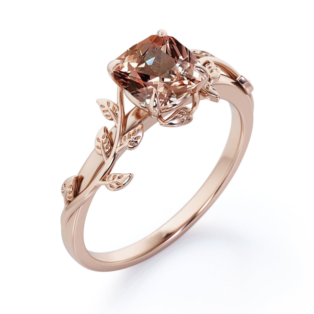 Olive leaf inspired 1 carat Cushion cut Peach pink Morganite vine engagement ring in White gold