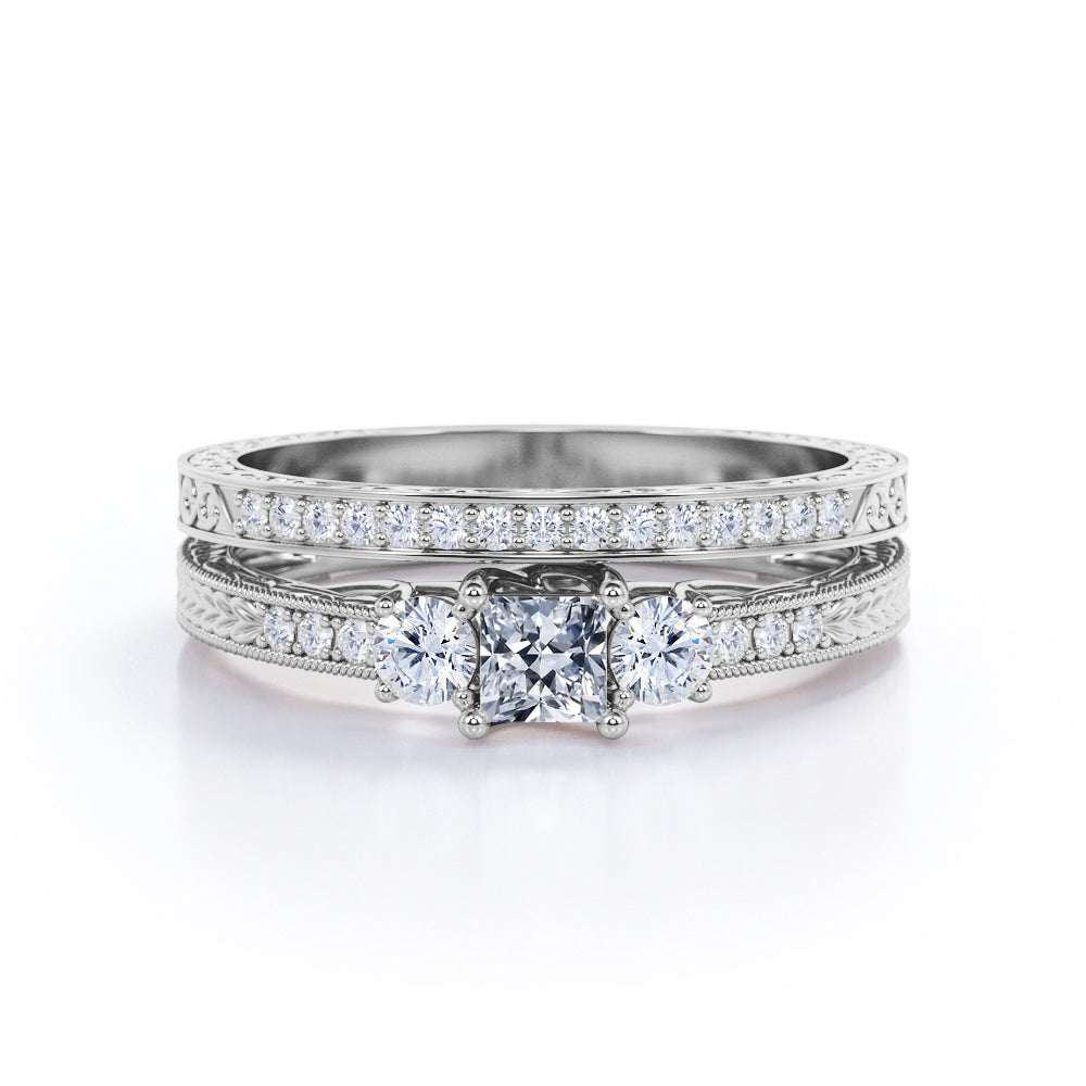 Exquisite trilogy 1.2 carat Princess cut Moissanite and diamond antique filigree wedding ring set for her - Bridal set