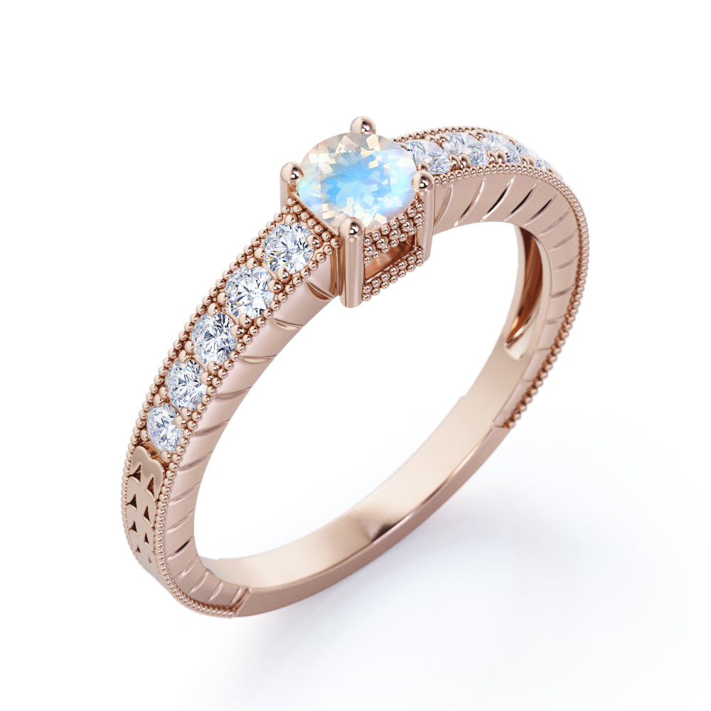 Vintage Beaded 1.25 carat Round cut Blue Moonstone and pave diamond Milgrain Edge Engagement ring in White gold