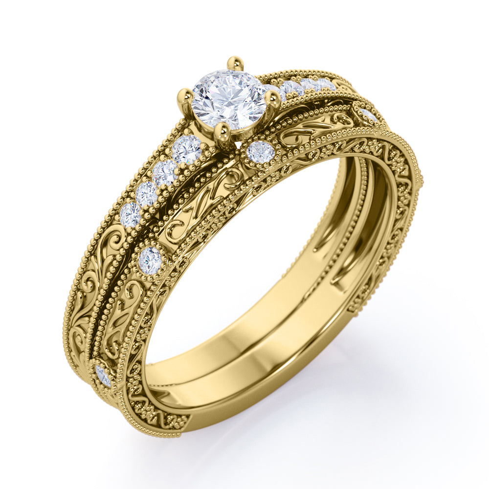 Authentic Victorian filigree 0.75 carat Round cut Moissanite and diamond Bridal set in White gold