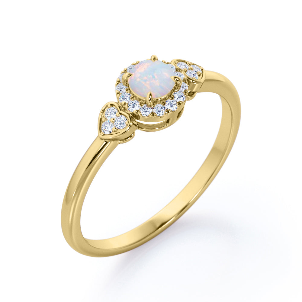 Romantic 0.75 carat Round cut Fire opal and diamond 3 stone halo engagement ring for women-Heart ring
