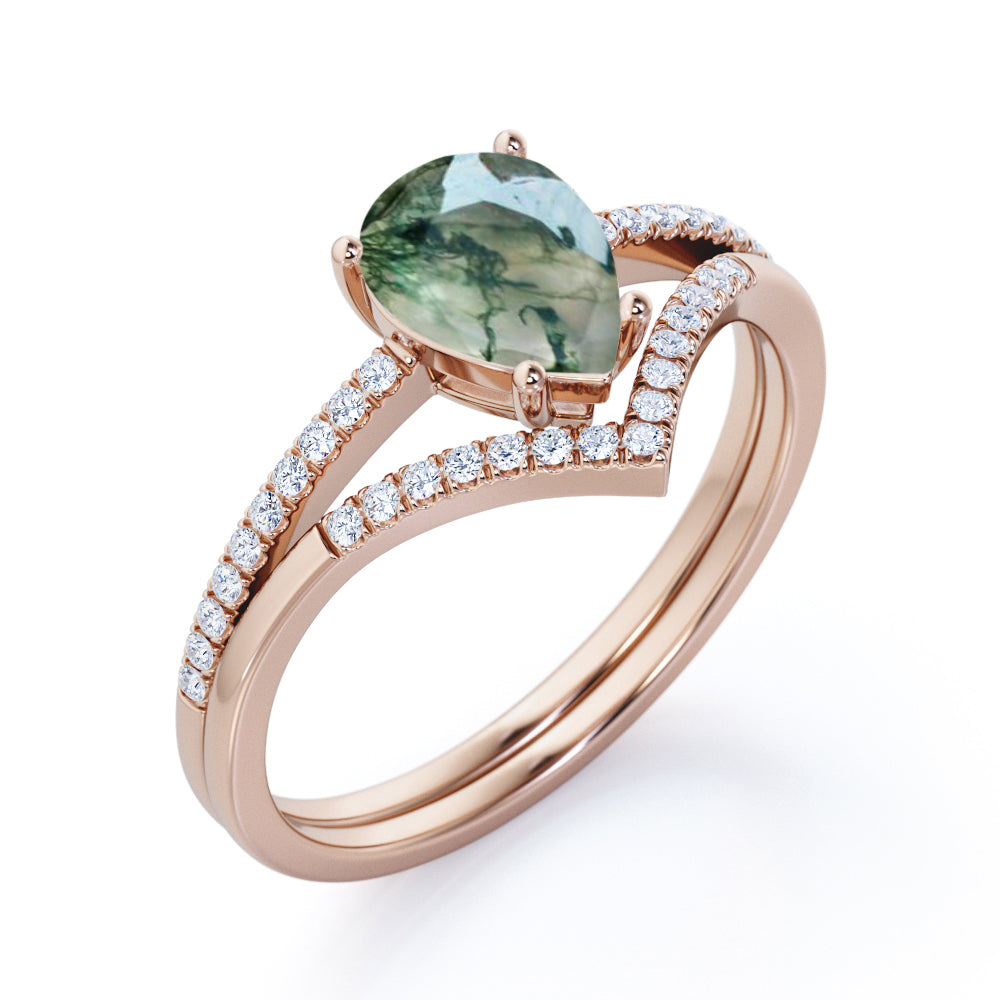 Stylish Contoured 1.35 carat Tear drop shaped Moss Agate and diamond chevron crown Bridal set for women in Black gold