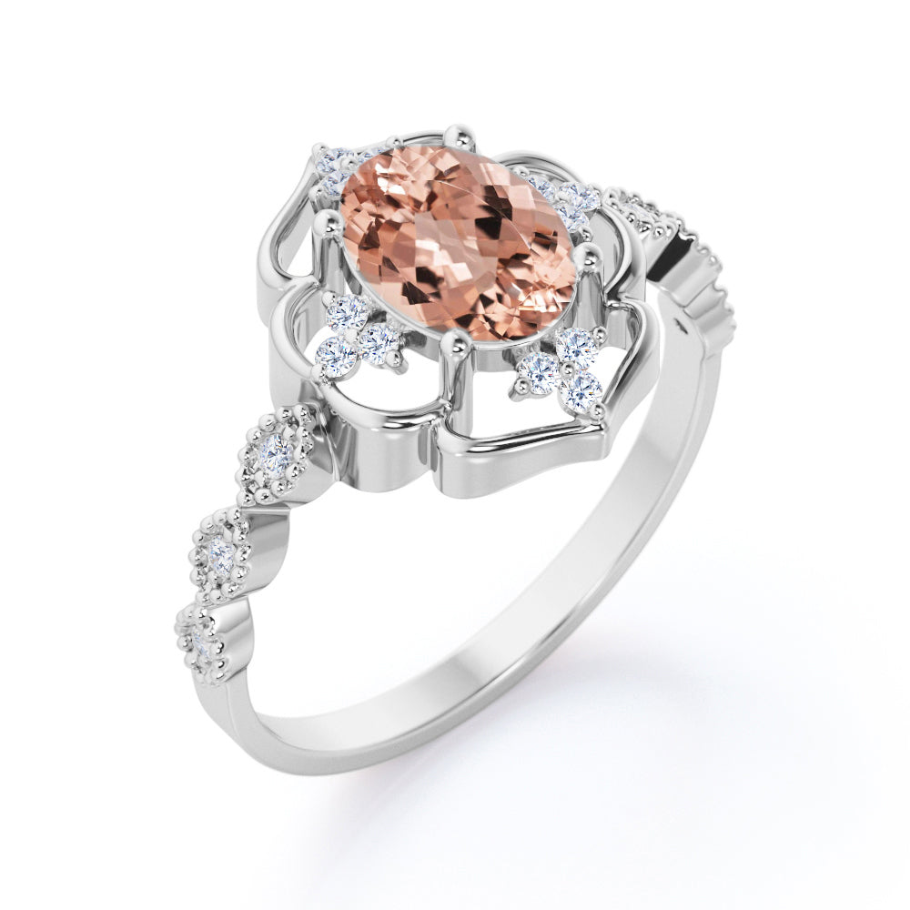 Open Halo style 1.2 carat Oval cut Morganite and diamond floral milgrain engagement ring in Yellow gold