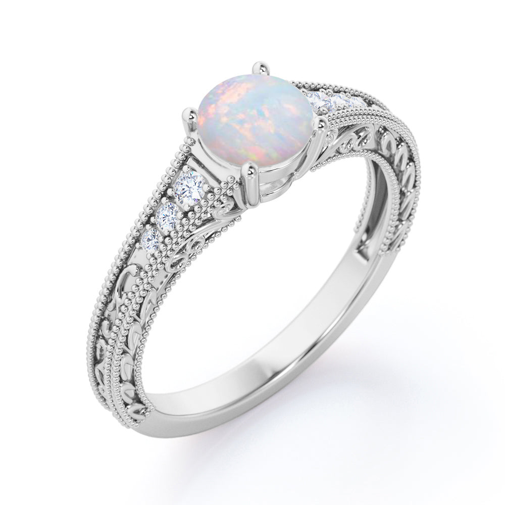 Victorian style inspired 1 carat Round cut Opal and diamond-filigree and milgrain-art deco engagement ring in White gold