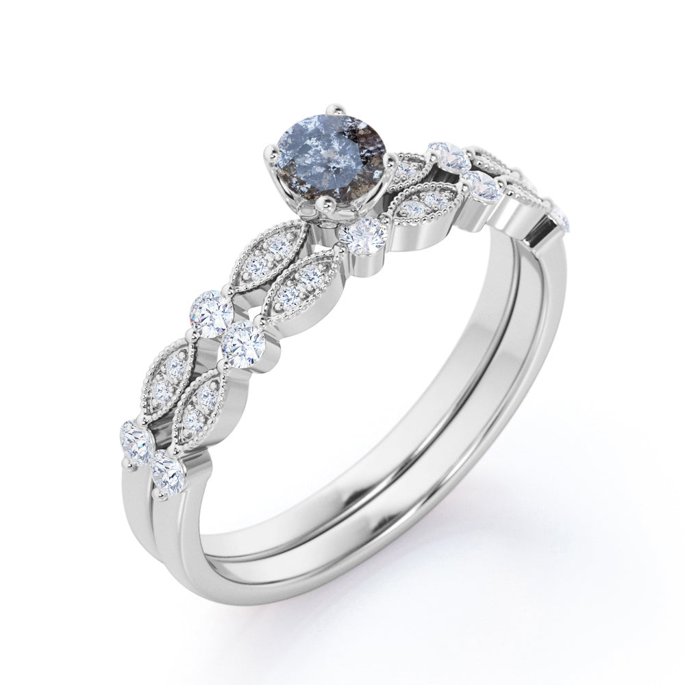 Vintage Marquise and dot style 0.75 carat Round cut Salt and pepper diamond and White diamond cathedral setting wedding ring set in yellow gold