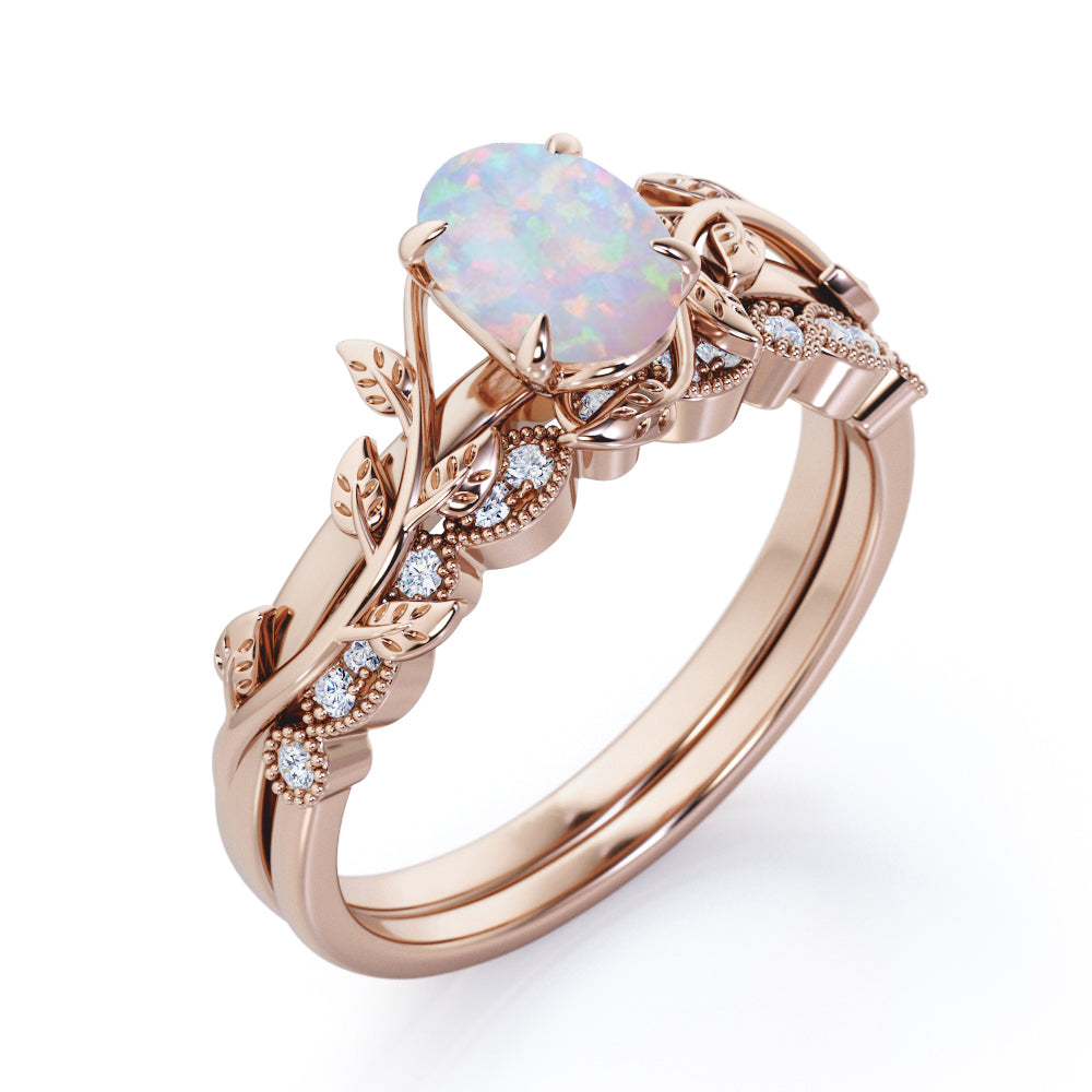 Art deco 1.15 carat Nature-inspired Pear cut Solid welo Opal with half-pave milgrain diamond Wedding ring set for women