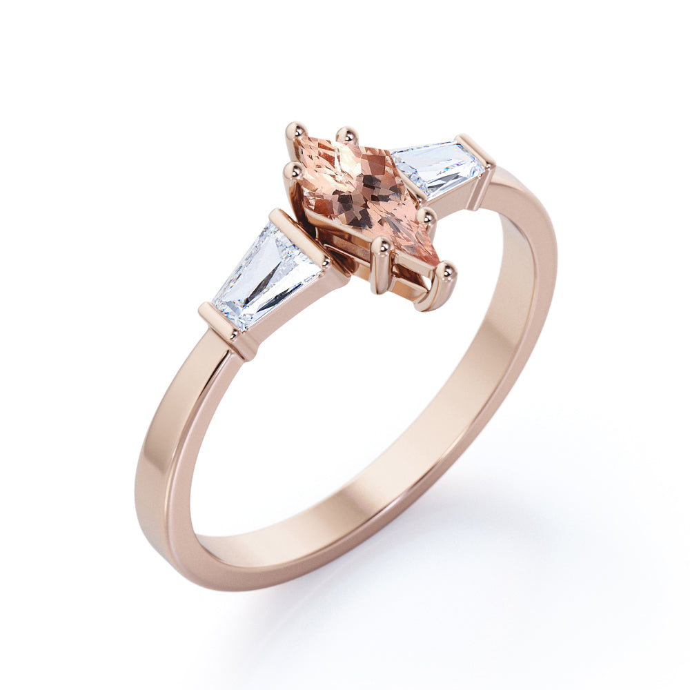 Baguette style 1.1 carat Kite shaped Morganite and diamond three stone anniversary ring in Black gold