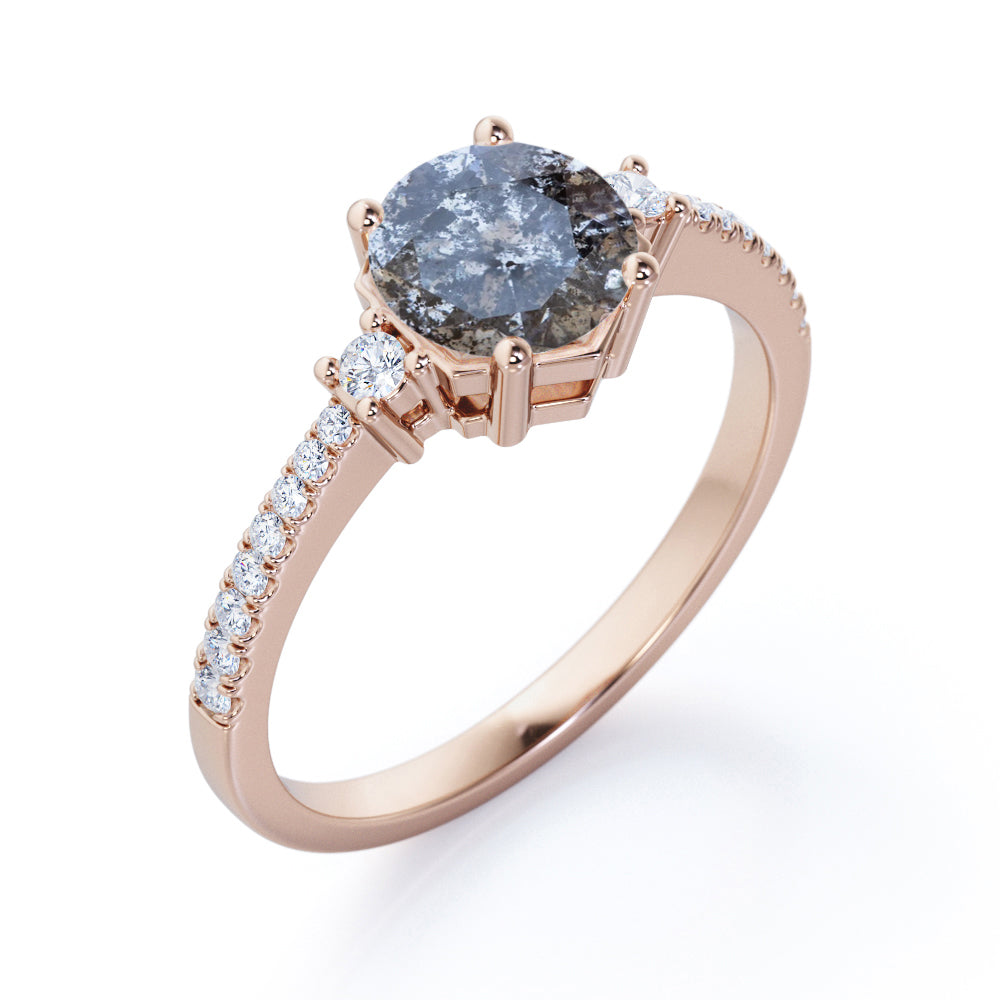 Basket Prong style 0.75 carat Round cut Salt and pepper diamond and White diamond-trio stone-eternity engagement ring in White gold