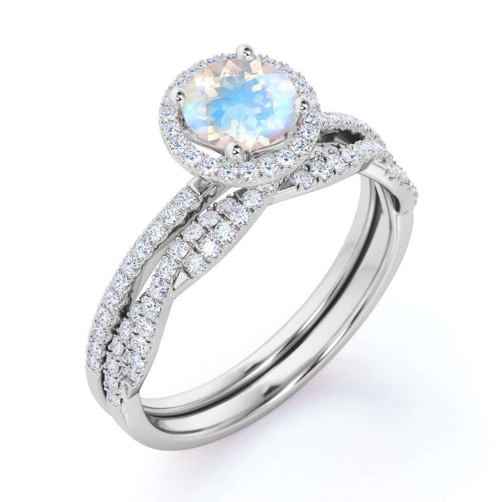 Unique Halo 1.7 carat Round cut Moonstone and diamond Vintage art deco Bridal set for her