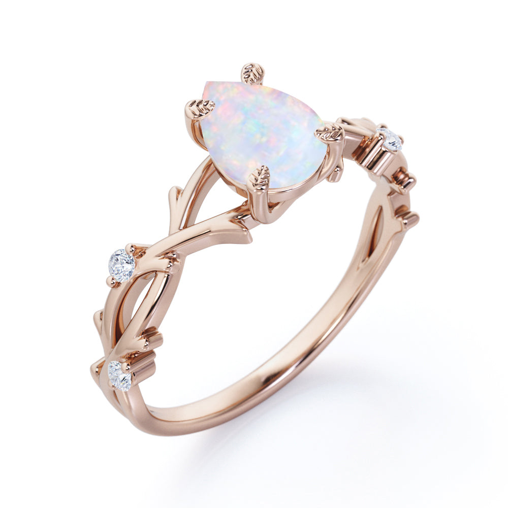 Vintage twig 1 carat Pear cut Ethiopian Opal and diamond forest engagement ring in White gold