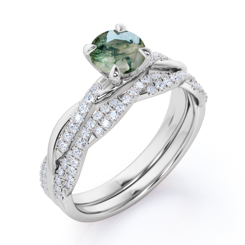 Minimal 4 Prong 1.5 carat Round cut Moss Green Agate and diamond Infinity Bridal set for her