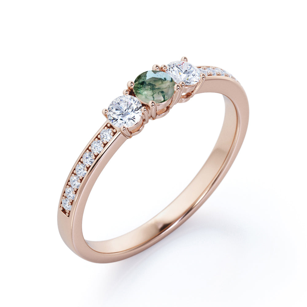 Elegant triple stone 0.8 carat Round cut Moss Green Agate and diamond channel setting engagement ring in White gold