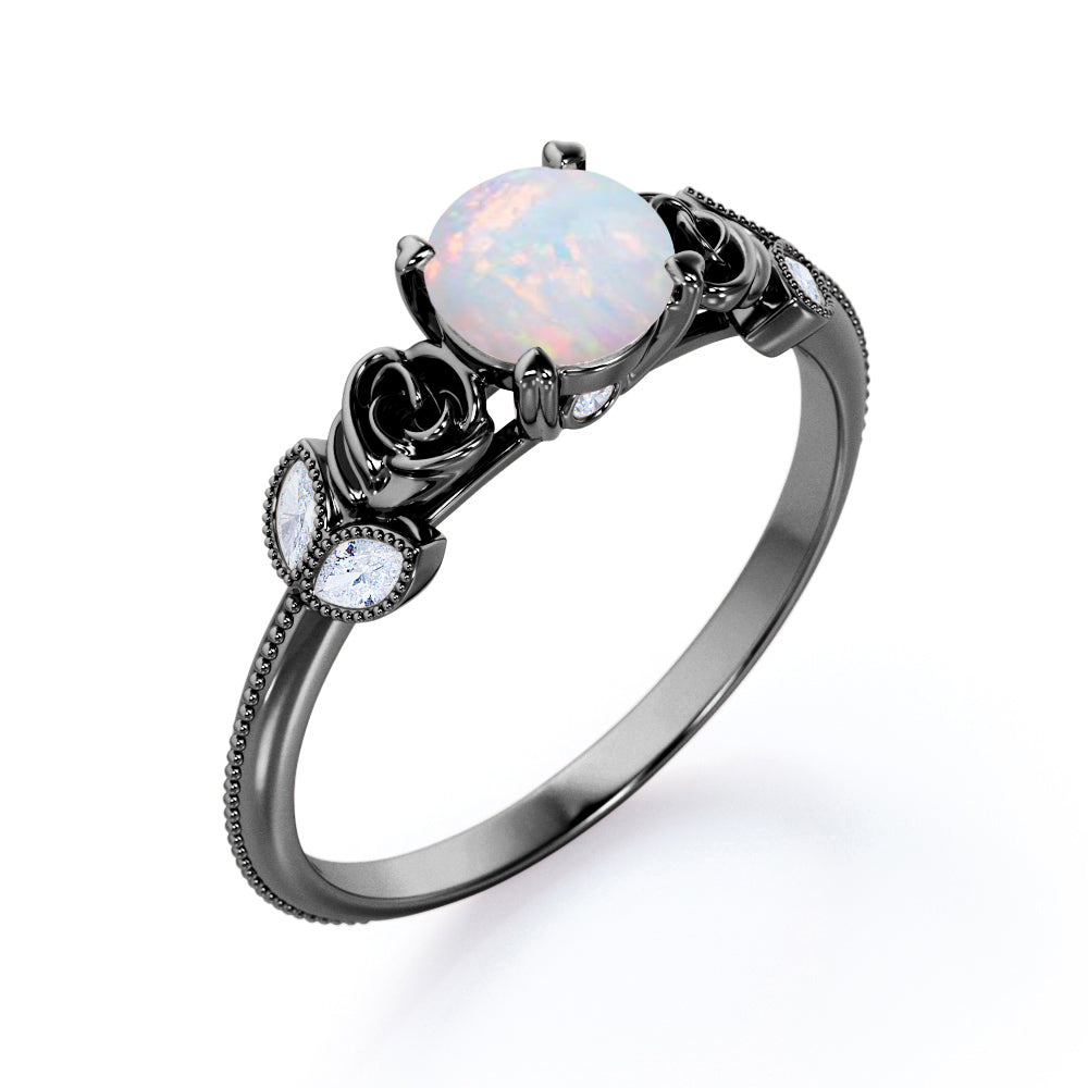 Flower inspired 1 carat Round cut Opal and marquise diamond Milgrain Edge Engagement ring in Black gold