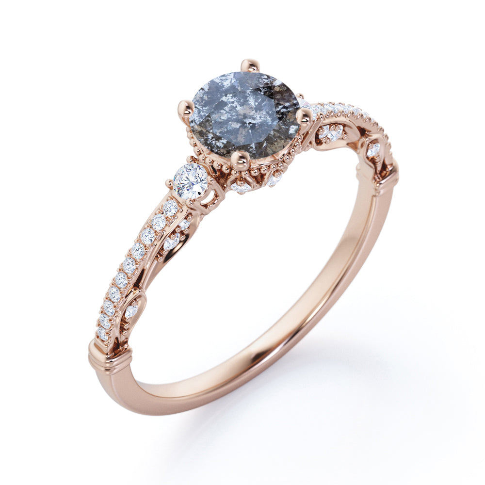 0.8 carat Round cut Salt and pepper diamond and White diamond-art deco-pave set engagement ring in White gold
