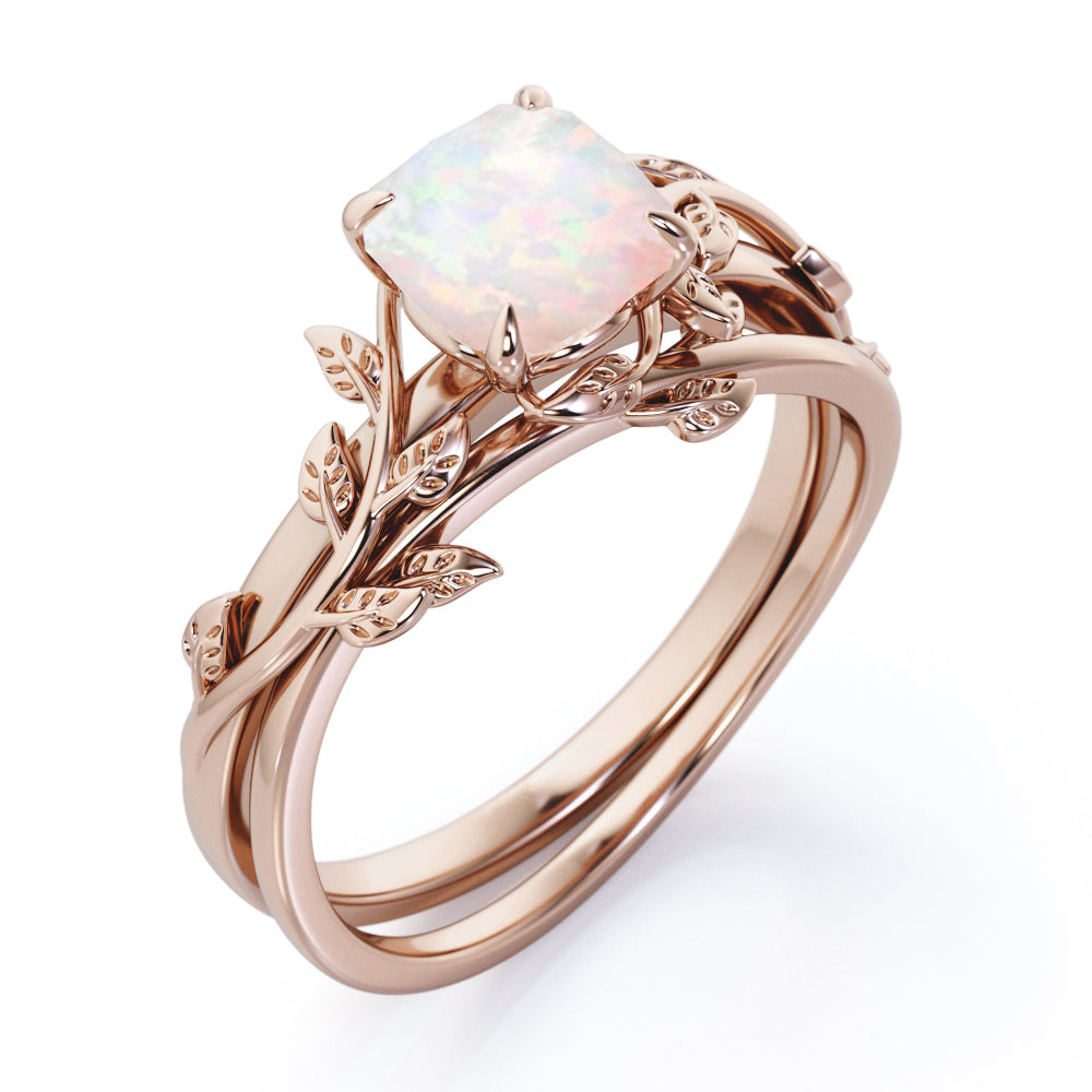 Unique 1 carat Cushion cut Fire Opal Nature-themed Bridal ring set in White gold