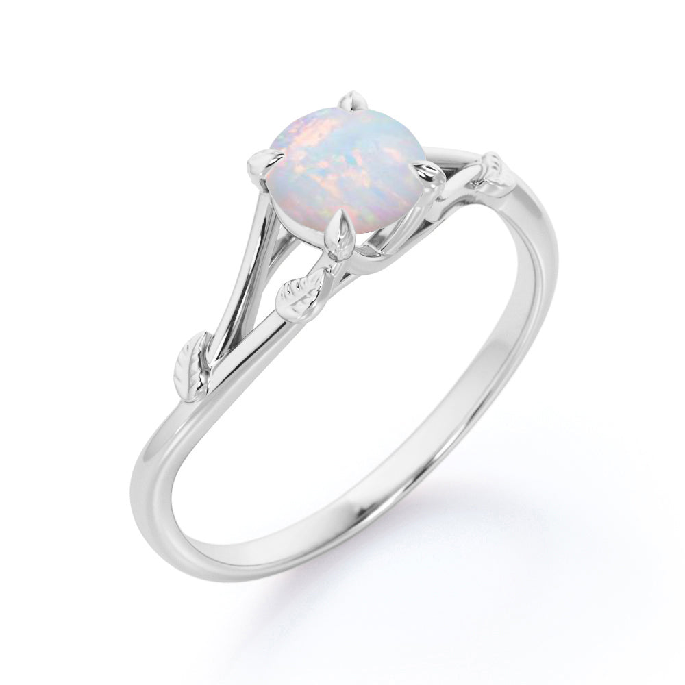 Nature inspired 1 carat Round cut Australian Opal dainty twig and vine engagement ring in White gold