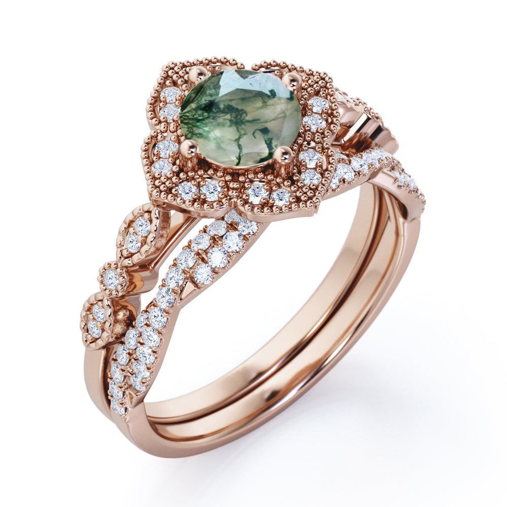 Cluster Flower style 1.55 carat Round cut Moss Green Agate Milgrain Engagement ring with Infinity diamond wedding band for women - Wedding ring set