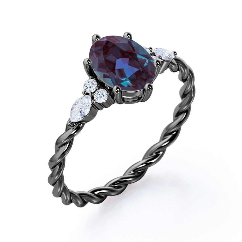 1.1 carat Twisted bands Oval shaped Lab made Alexandrite and diamond 6 prong setting-infinity engagement ring in White gold