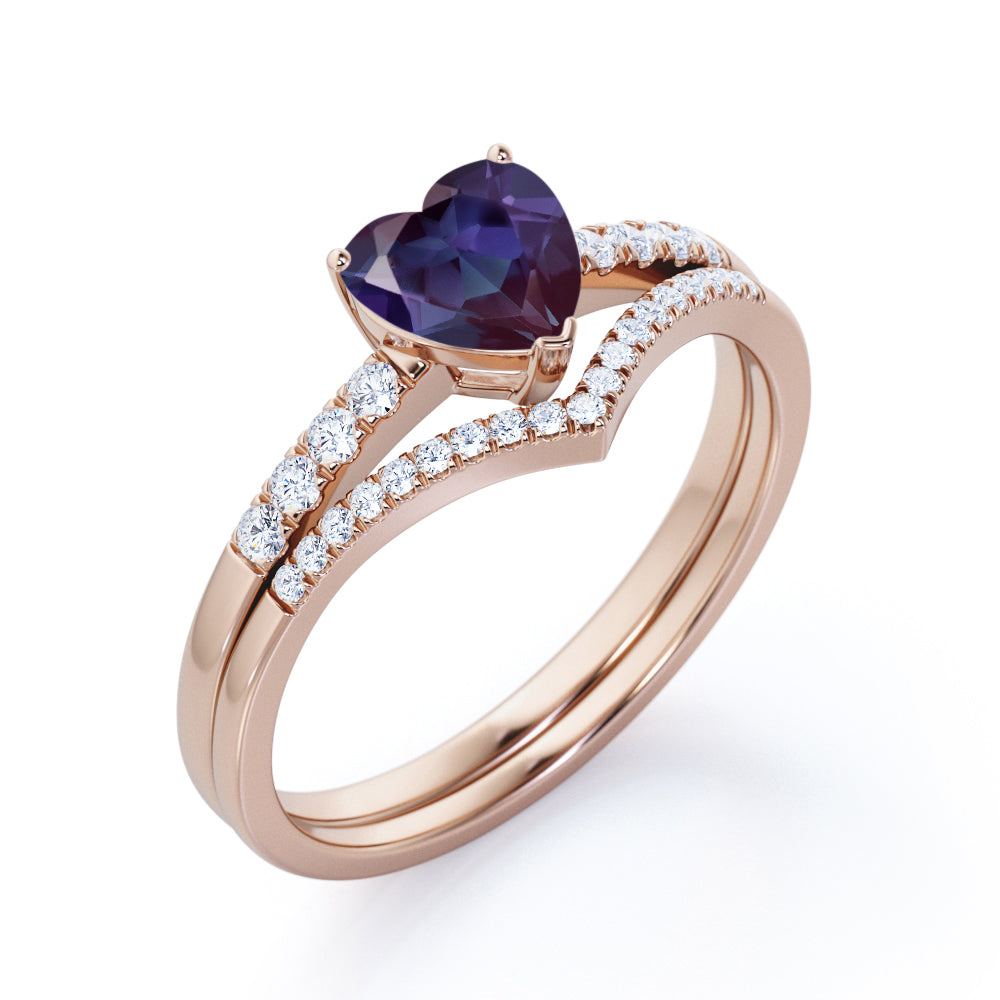 Authentic art deco 1.3 carat Heart shaped Lab Made Alexandrite and diamond contoured wedding ring set in Rose gold