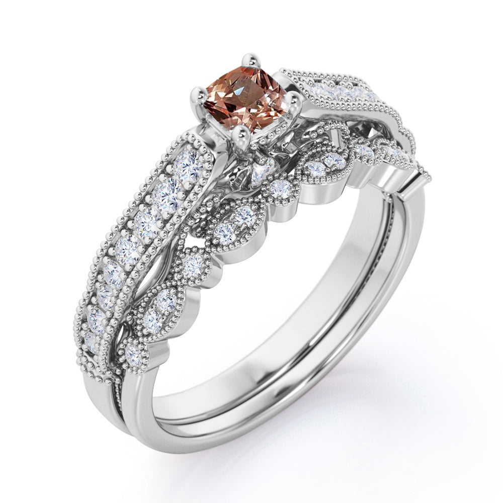 Milgrain Bead Scrollwork 0.75 carat Round cut Peach Morganite and diamond cathedral style wedding ring set in Rose gold