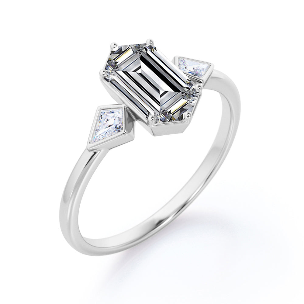 Asymmetric three stone 1.2 carat Hexagon cut Moissanite and Kite diamonds engagement ring in Black gold