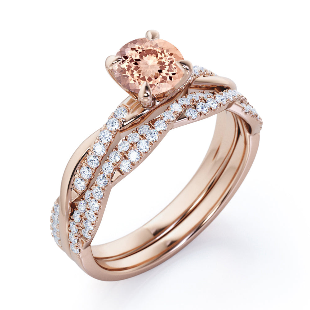 Classic claw prong 1.5 carat Round cut Peach Morganite and diamond Infinity wedding ring set in White gold.