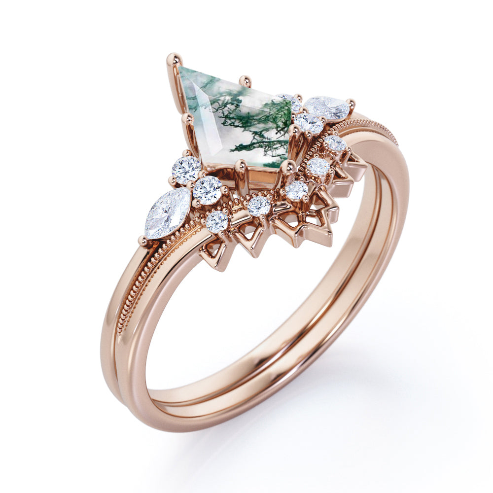 Antique Milgrain 1.15 carat Kite shaped Moss Green Agate and diamond chevron wedding ring set in Black gold