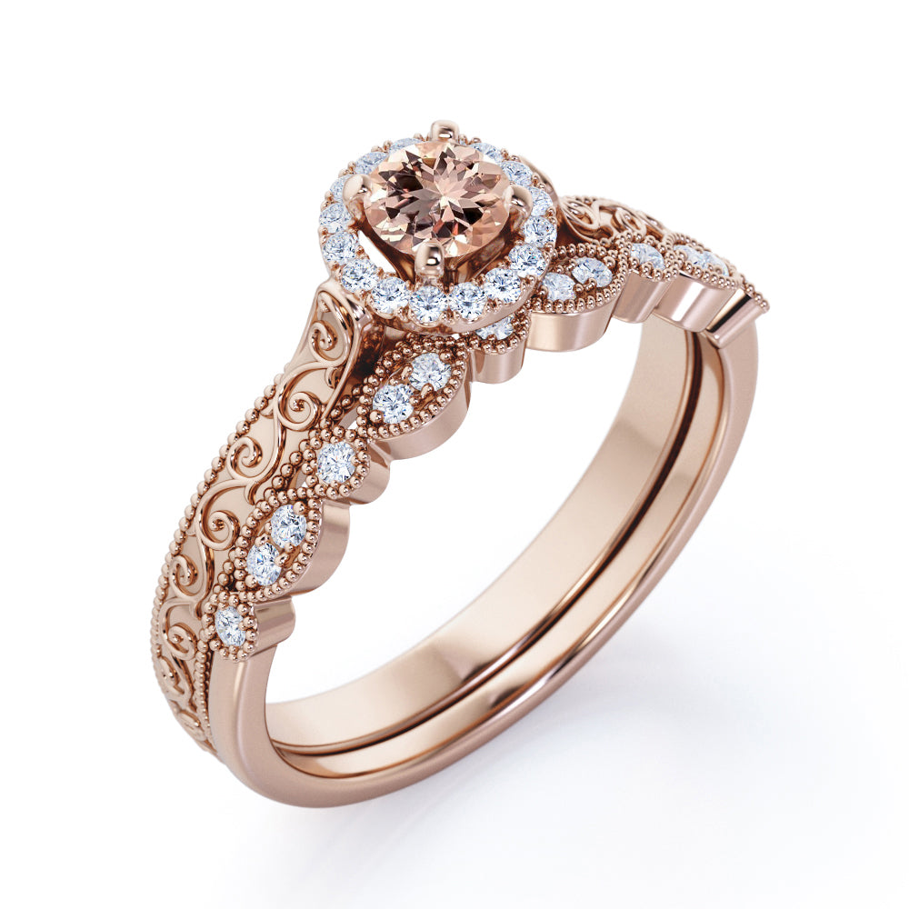 Antique Bridal 1 carat Round cut Morganite and diamond-Filigree and Milgrain-classic halo wedding ring set in White gold