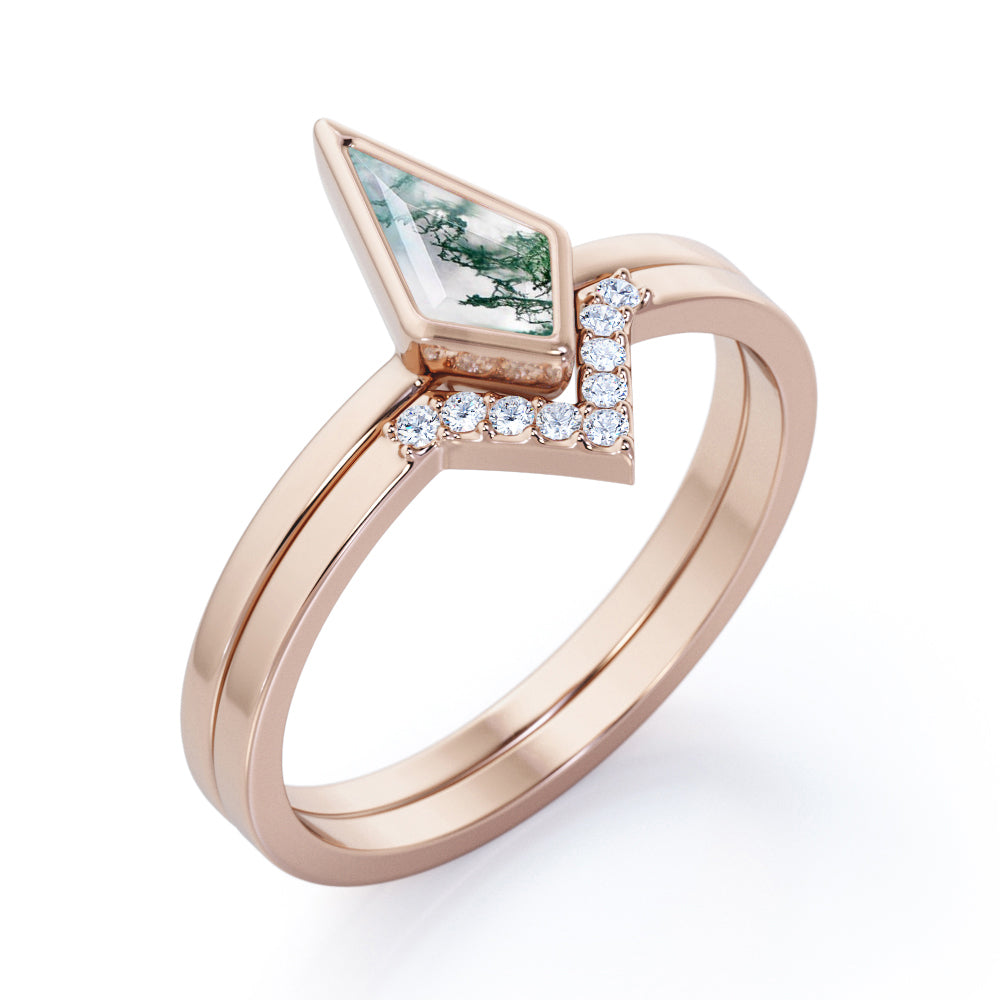 Contoured Bezel 1.15 carat Kite shaped Moss Green Agate and diamond antique Bridal set for women in Black gold