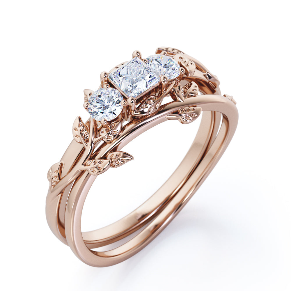 Nature inspired 1.15 carat Princess cut Moissanite and diamond three stone wedding ring set for her